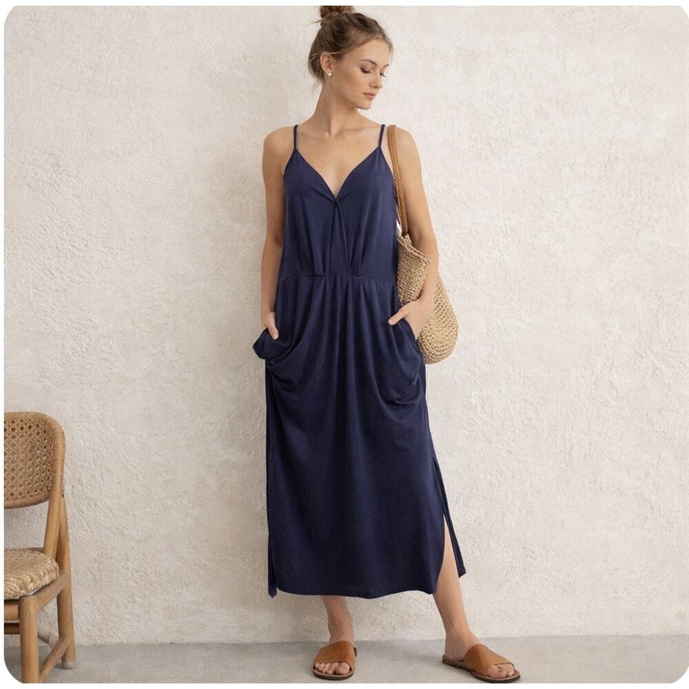 NWT BCBGeneration Draped Midi Dress Blue Minimalist Lagenlook Pockets Size M